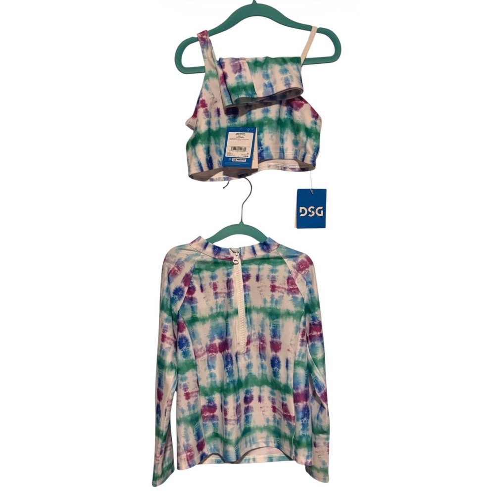 DSG Girls 3pc Swim Set Rash Guard Bikini Top Bottoms Tide Dye Multi Small 8-9